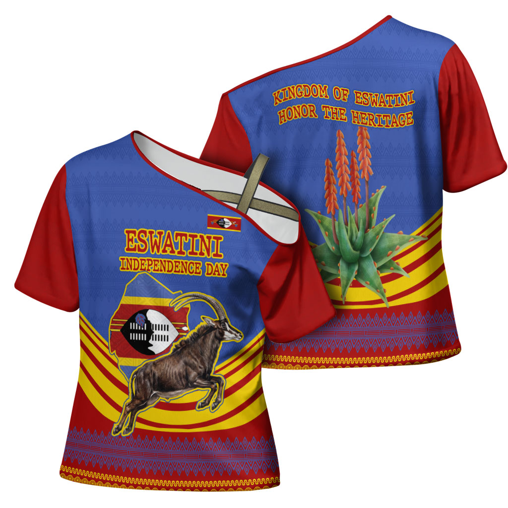 Eswatini Independence Day Cross Shoulder Shirt Sable Antelope - Aloe Succulent - Flag Shield