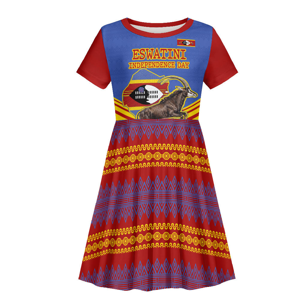 Eswatini Independence Day Kid Short Sleeve Dress Sable Antelope - Aloe Succulent - Flag Shield