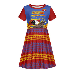 Eswatini Independence Day Kid Short Sleeve Dress Sable Antelope - Aloe Succulent - Flag Shield