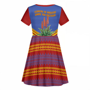 Eswatini Independence Day Kid Short Sleeve Dress Sable Antelope - Aloe Succulent - Flag Shield