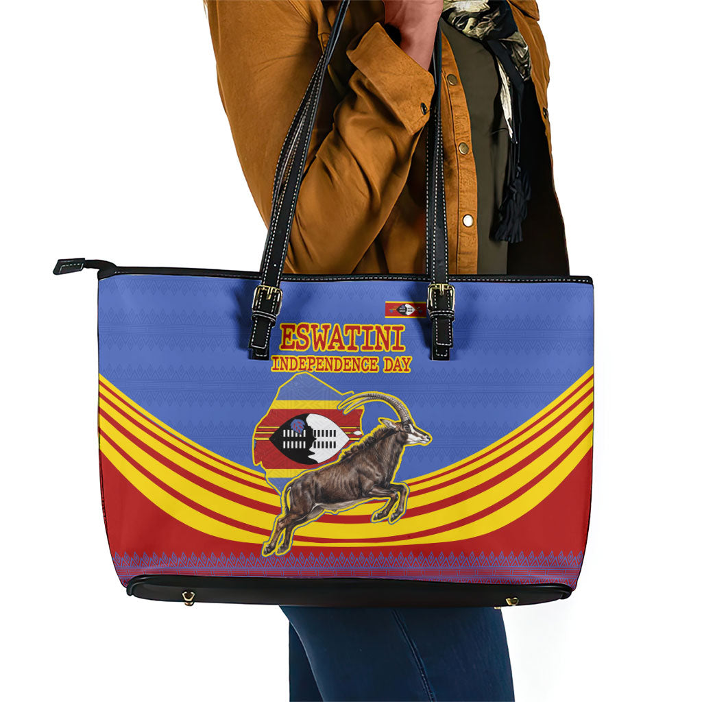 Eswatini Independence Day Leather Tote Bag Sable Antelope - Aloe Succulent - Flag Shield