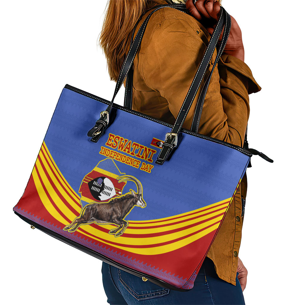 Eswatini Independence Day Leather Tote Bag Sable Antelope - Aloe Succulent - Flag Shield
