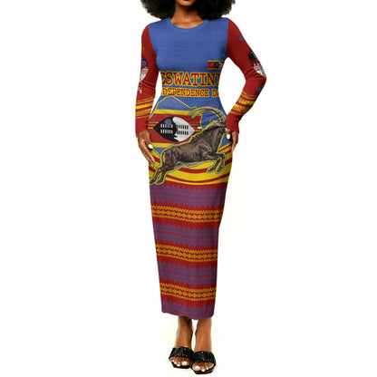 Eswatini Independence Day Long Sleeve Bodycon Dress Sable Antelope - Aloe Succulent - Flag Shield