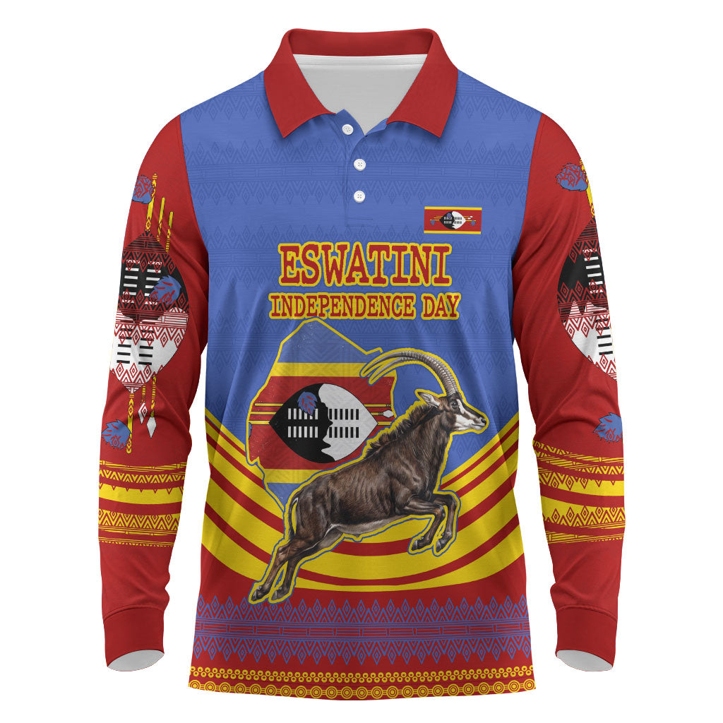Eswatini Independence Day Long Sleeve Polo Shirt Sable Antelope - Aloe Succulent - Flag Shield