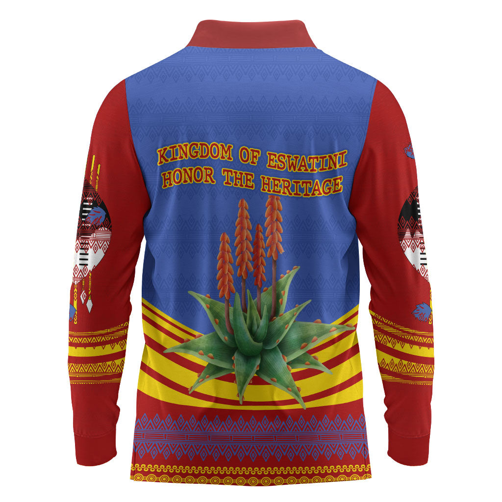 Eswatini Independence Day Long Sleeve Polo Shirt Sable Antelope - Aloe Succulent - Flag Shield