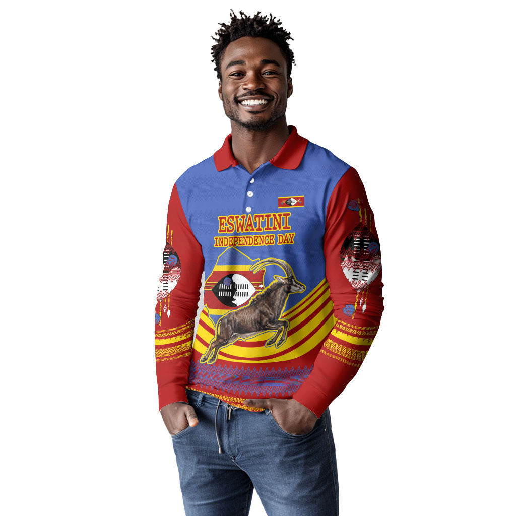 Eswatini Independence Day Long Sleeve Polo Shirt Sable Antelope - Aloe Succulent - Flag Shield
