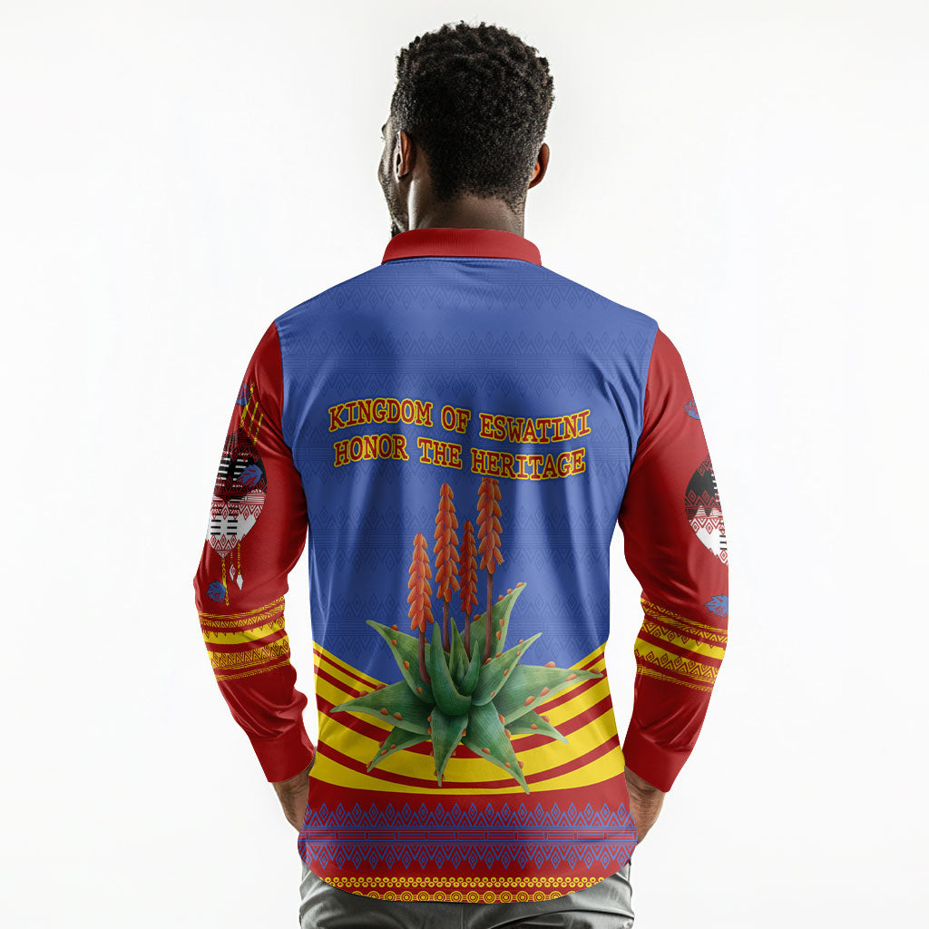 Eswatini Independence Day Long Sleeve Polo Shirt Sable Antelope - Aloe Succulent - Flag Shield