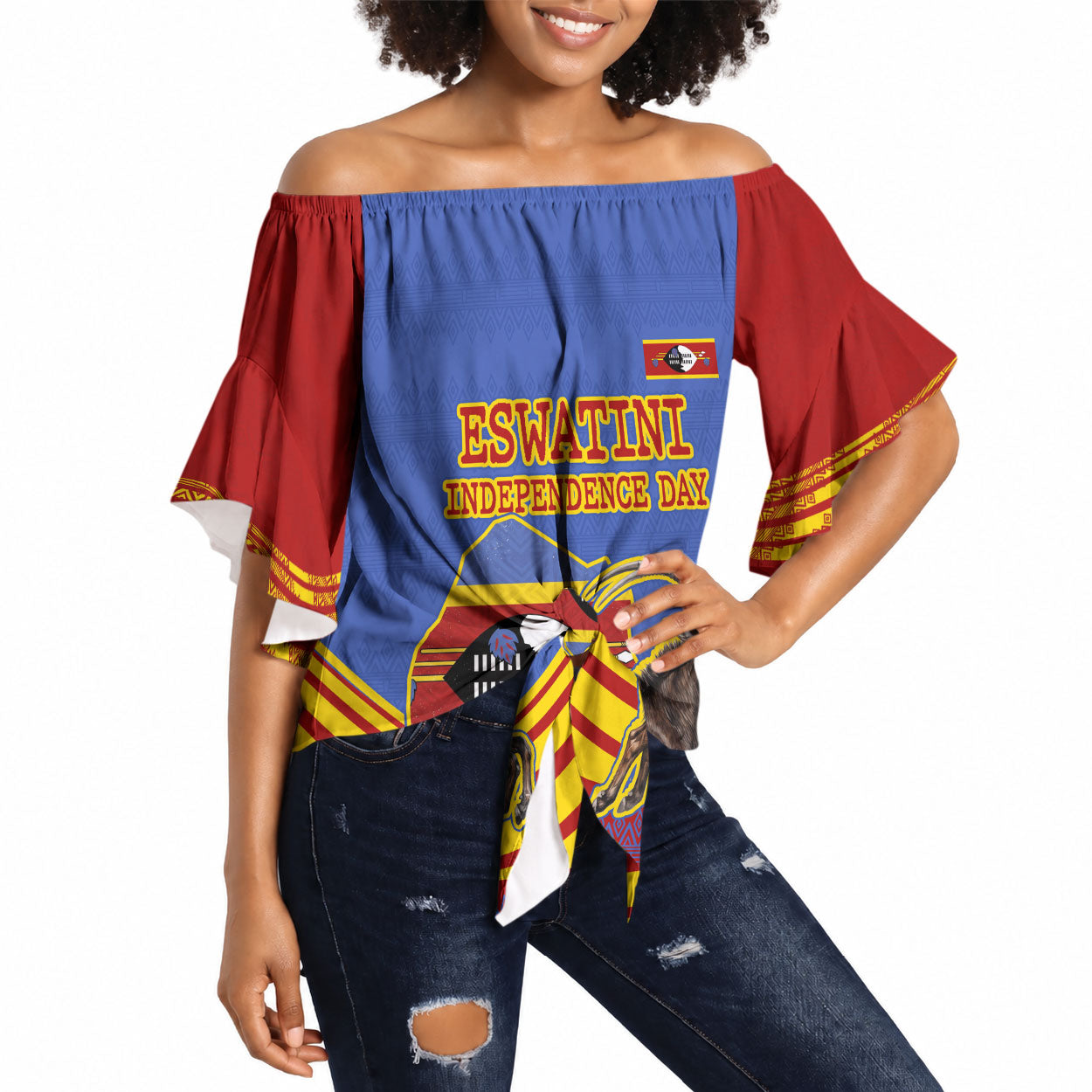 Eswatini Independence Day Off Shoulder Wrap Waist Top Sable Antelope - Aloe Succulent - Flag Shield
