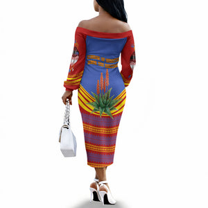 Eswatini Independence Day Off The Shoulder Long Sleeve Dress Sable Antelope - Aloe Succulent - Flag Shield