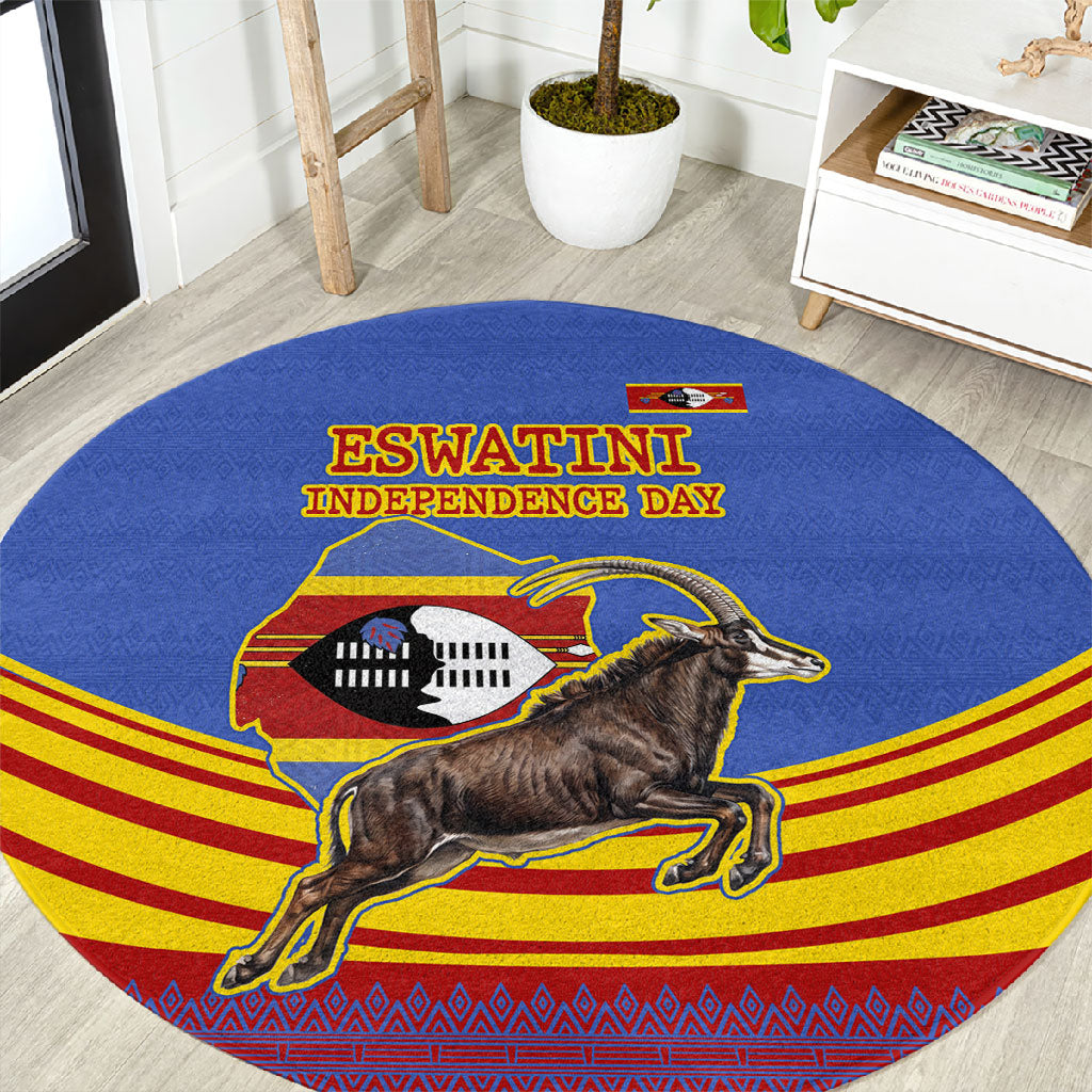 Eswatini Independence Day Round Carpet Sable Antelope - Aloe Succulent - Flag Shield