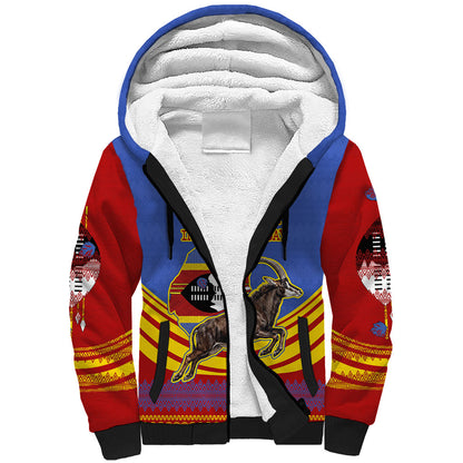 Eswatini Independence Day Sherpa Hoodie Sable Antelope - Aloe Succulent - Flag Shield