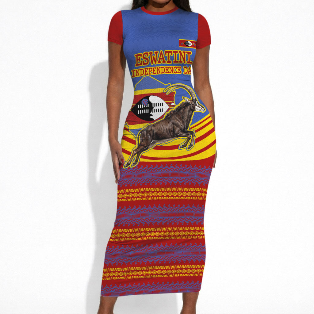 Eswatini Independence Day Short Sleeve Bodycon Dress Sable Antelope - Aloe Succulent - Flag Shield