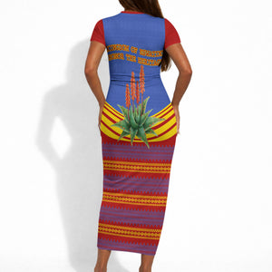 Eswatini Independence Day Short Sleeve Bodycon Dress Sable Antelope - Aloe Succulent - Flag Shield