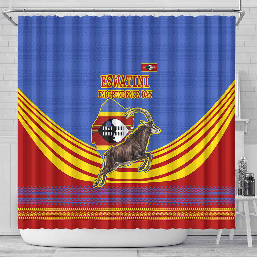 Eswatini Independence Day Shower Curtain Sable Antelope - Aloe Succulent - Flag Shield