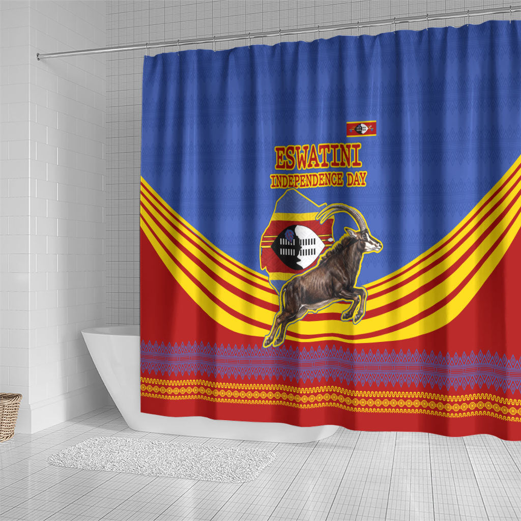 Eswatini Independence Day Shower Curtain Sable Antelope - Aloe Succulent - Flag Shield