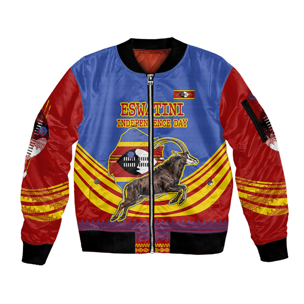 Eswatini Independence Day Sleeve Zip Bomber Jacket Sable Antelope - Aloe Succulent - Flag Shield