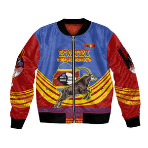 Eswatini Independence Day Sleeve Zip Bomber Jacket Sable Antelope - Aloe Succulent - Flag Shield