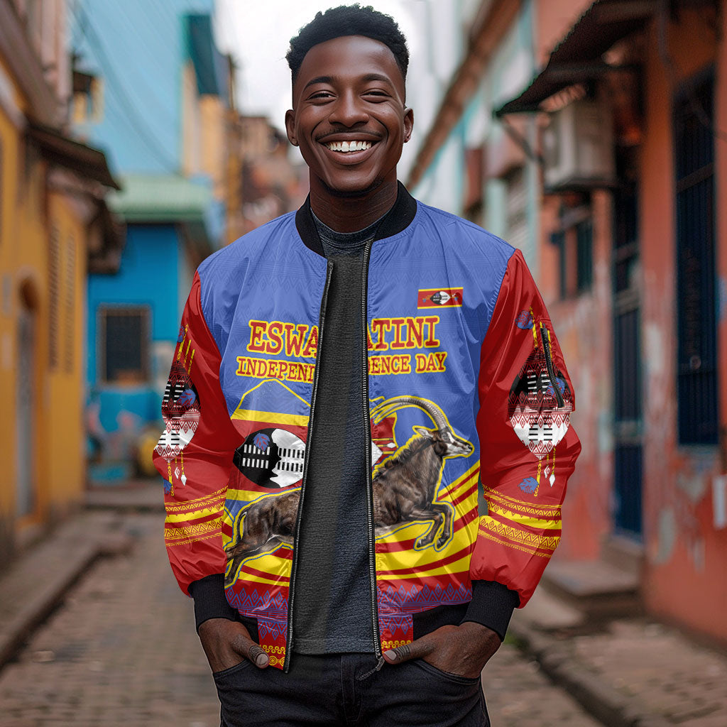 Eswatini Independence Day Sleeve Zip Bomber Jacket Sable Antelope - Aloe Succulent - Flag Shield