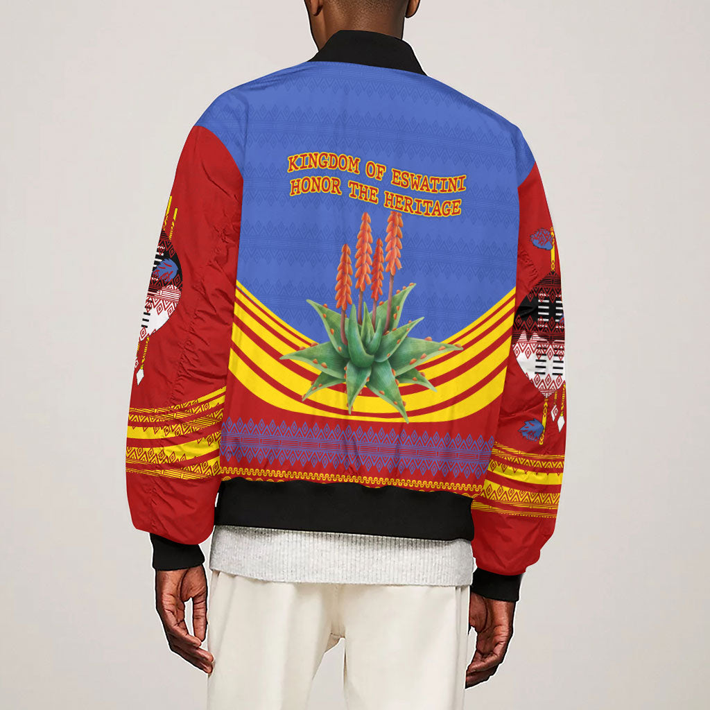 Eswatini Independence Day Sleeve Zip Bomber Jacket Sable Antelope - Aloe Succulent - Flag Shield