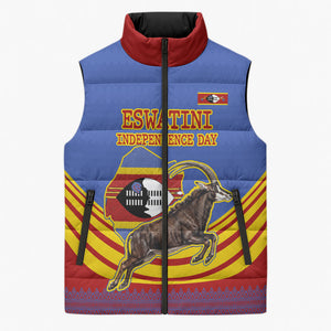 Eswatini Independence Day Sleeveless Puffer Jacket Sable Antelope - Aloe Succulent - Flag Shield