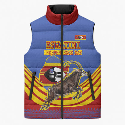 Eswatini Independence Day Sleeveless Puffer Jacket Sable Antelope - Aloe Succulent - Flag Shield