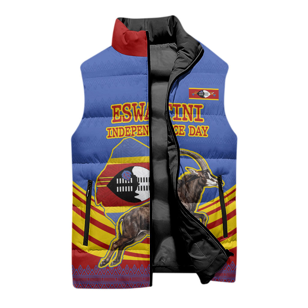 Eswatini Independence Day Sleeveless Puffer Jacket Sable Antelope - Aloe Succulent - Flag Shield