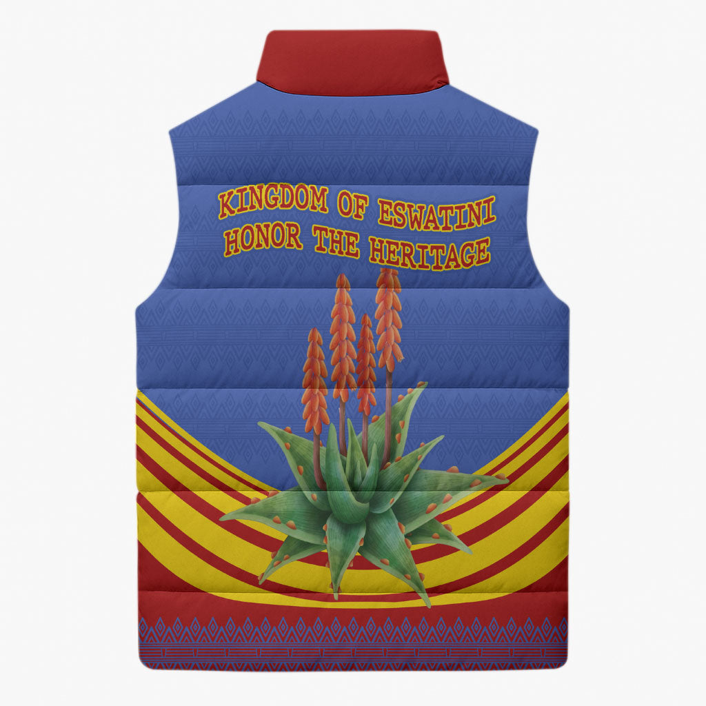 Eswatini Independence Day Sleeveless Puffer Jacket Sable Antelope - Aloe Succulent - Flag Shield