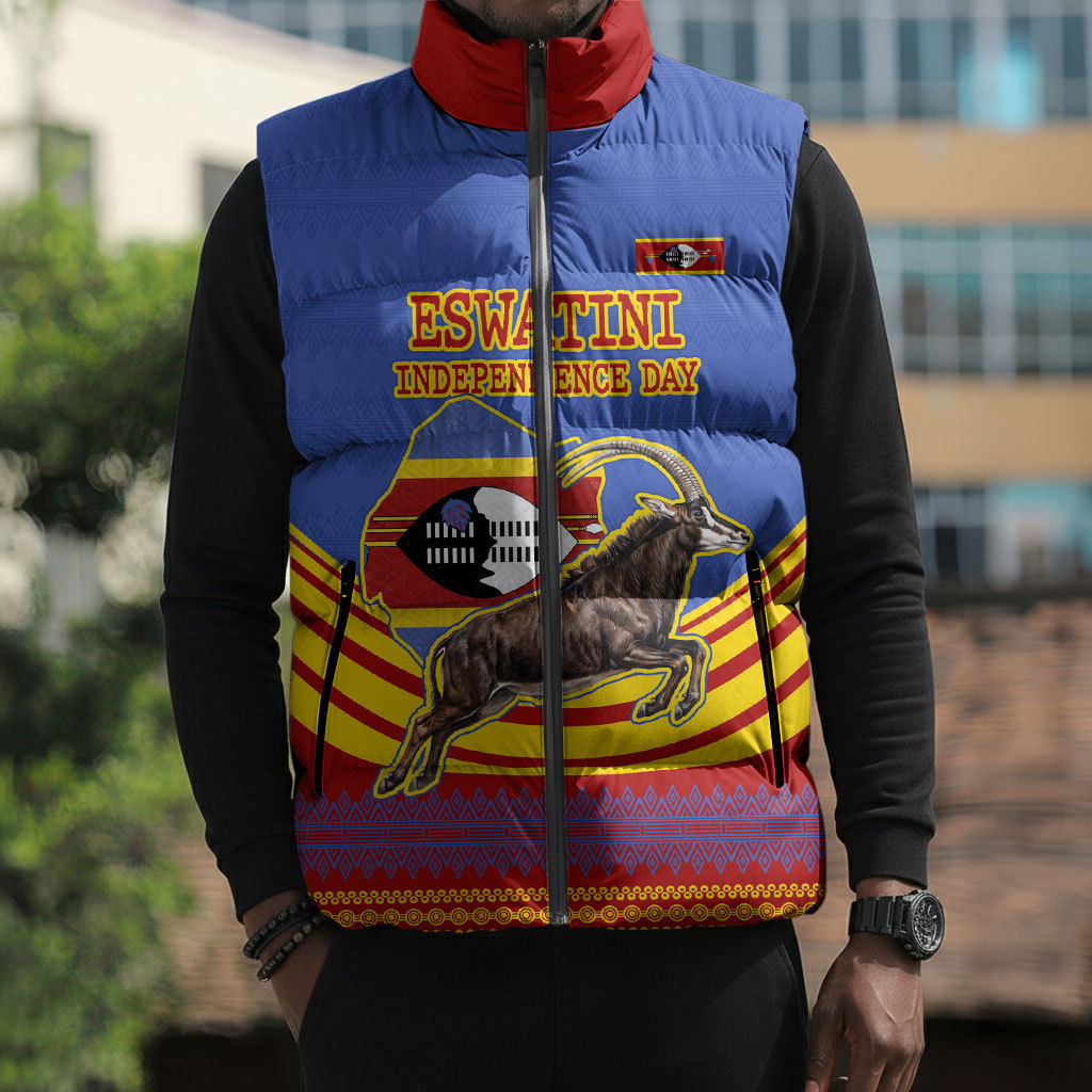 Eswatini Independence Day Sleeveless Puffer Jacket Sable Antelope - Aloe Succulent - Flag Shield