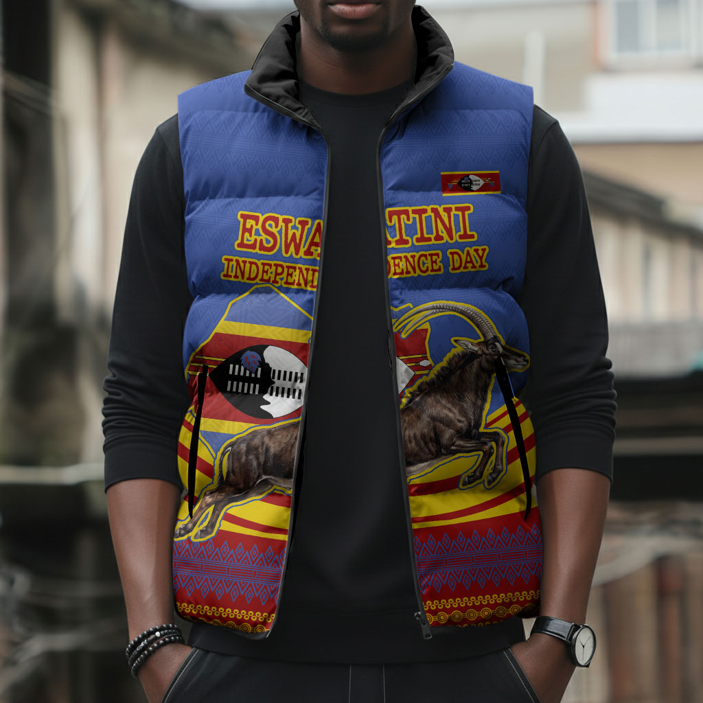 Eswatini Independence Day Sleeveless Puffer Jacket Sable Antelope - Aloe Succulent - Flag Shield