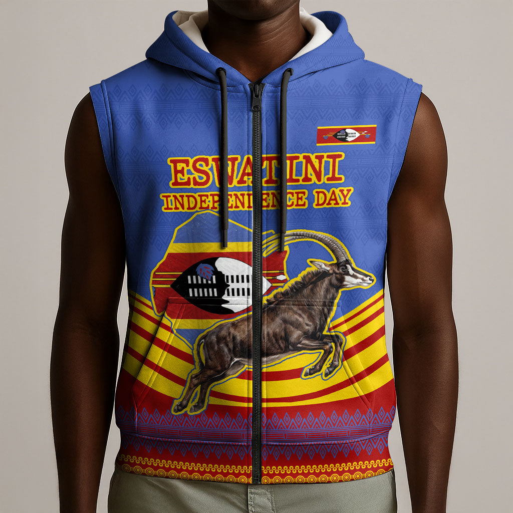 Eswatini Independence Day Sleeveless Zip Hoodie Sable Antelope - Aloe Succulent - Flag Shield