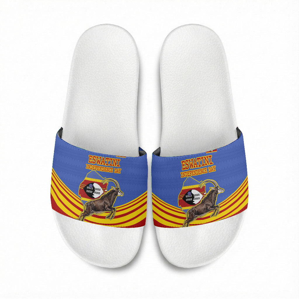 Eswatini Independence Day Slide Sandals Sable Antelope - Aloe Succulent - Flag Shield