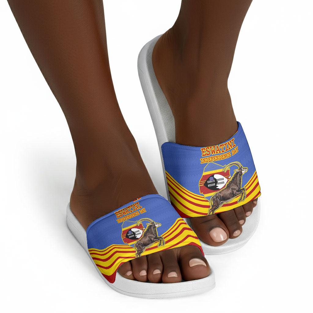 Eswatini Independence Day Slide Sandals Sable Antelope - Aloe Succulent - Flag Shield