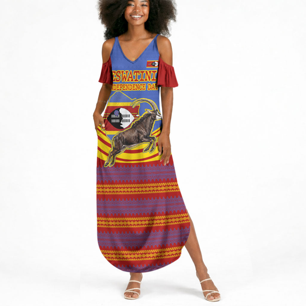 Eswatini Independence Day Summer Maxi Dress Sable Antelope - Aloe Succulent - Flag Shield