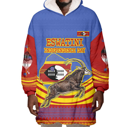 Eswatini Independence Day Wearable Blanket Hoodie Sable Antelope - Aloe Succulent - Flag Shield