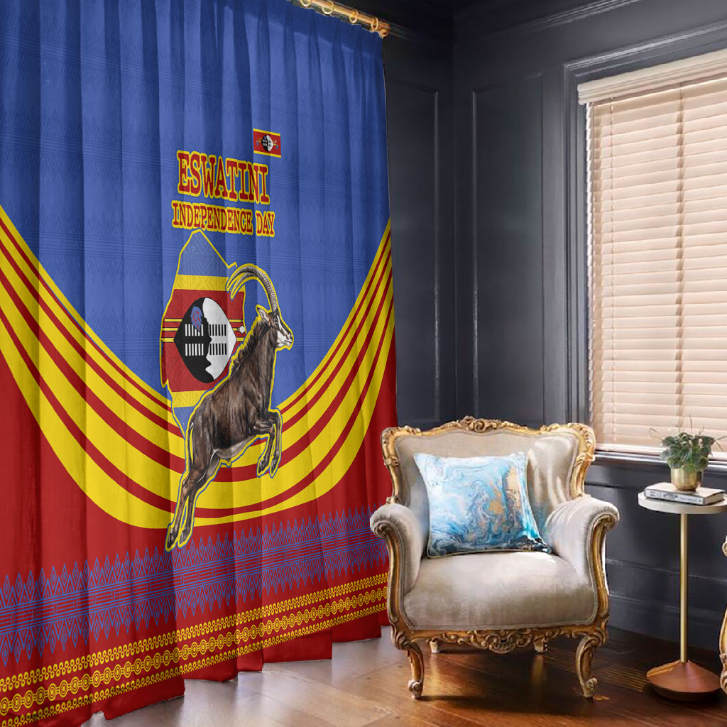 Eswatini Independence Day Window Curtain Sable Antelope - Aloe Succulent - Flag Shield