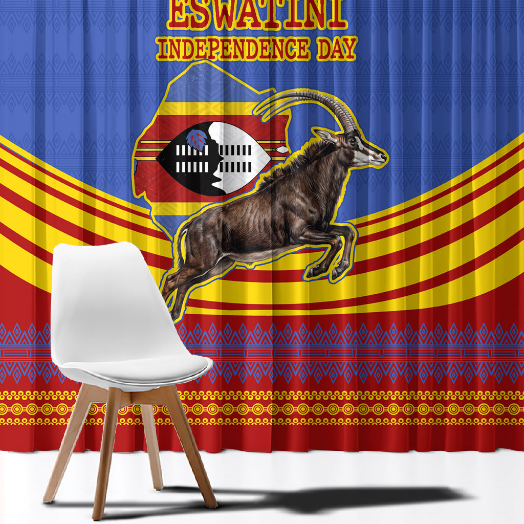 Eswatini Independence Day Window Curtain Sable Antelope - Aloe Succulent - Flag Shield