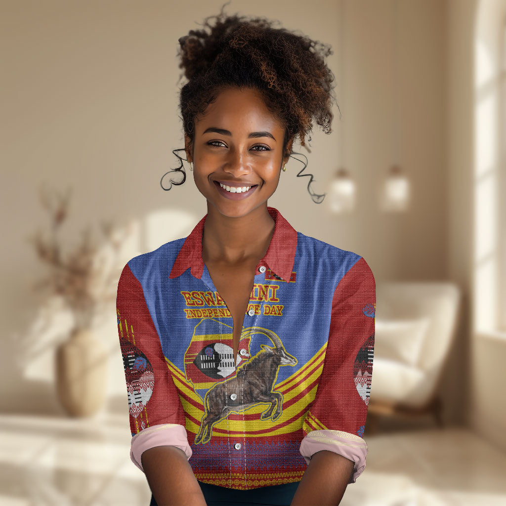 Eswatini Independence Day Women Casual Shirt Sable Antelope - Aloe Succulent - Flag Shield
