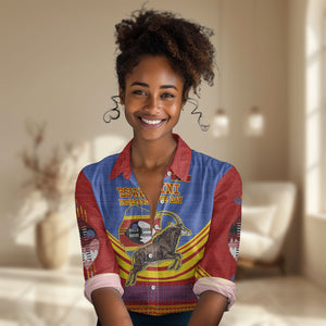 Eswatini Independence Day Women Casual Shirt Sable Antelope - Aloe Succulent - Flag Shield