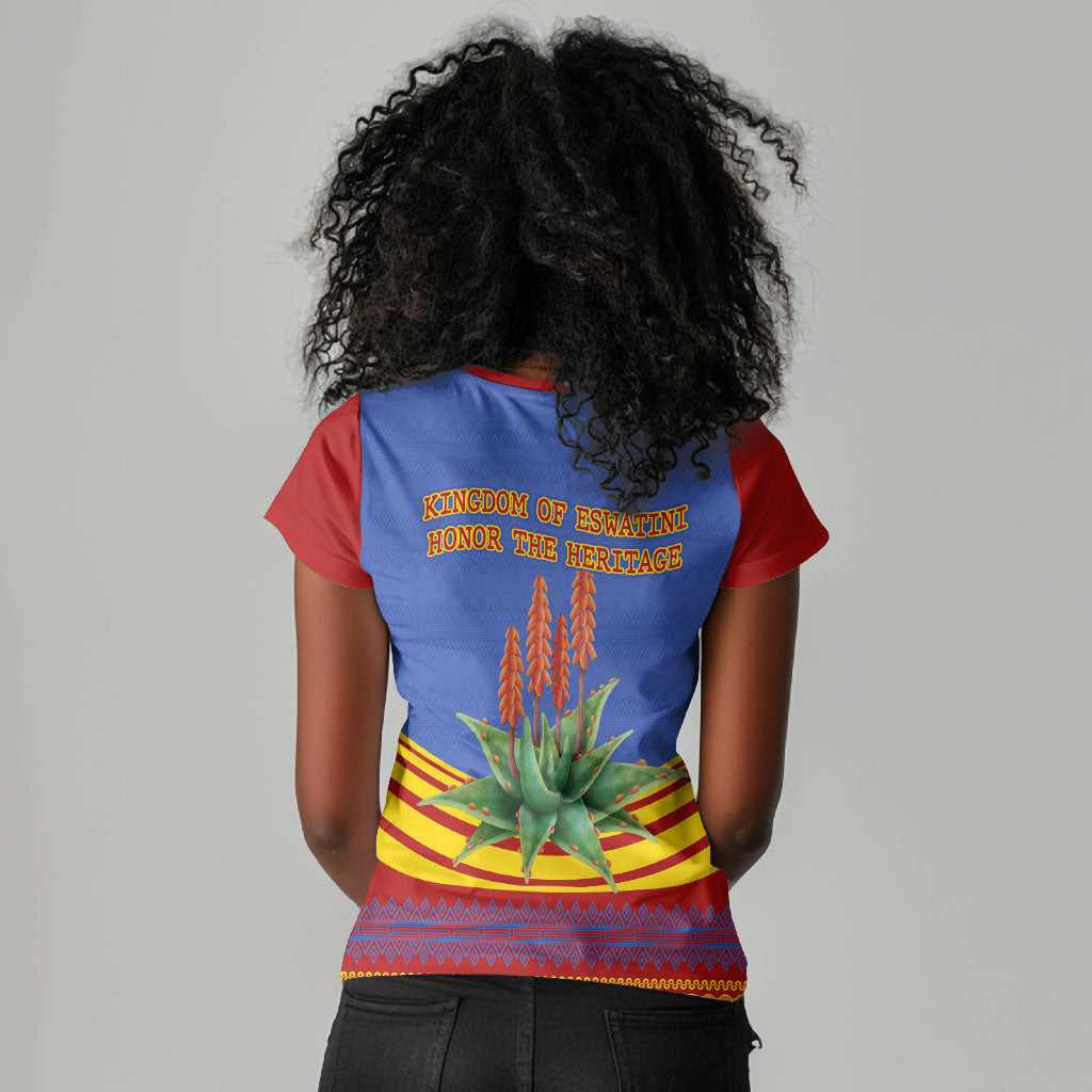 Eswatini Independence Day Women V-Neck T-Shirt Sable Antelope - Aloe Succulent - Flag Shield