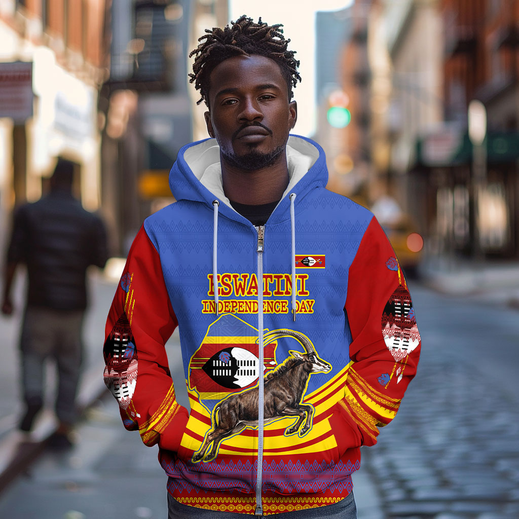 Eswatini Independence Day Zip Hoodie Sable Antelope - Aloe Succulent - Flag Shield
