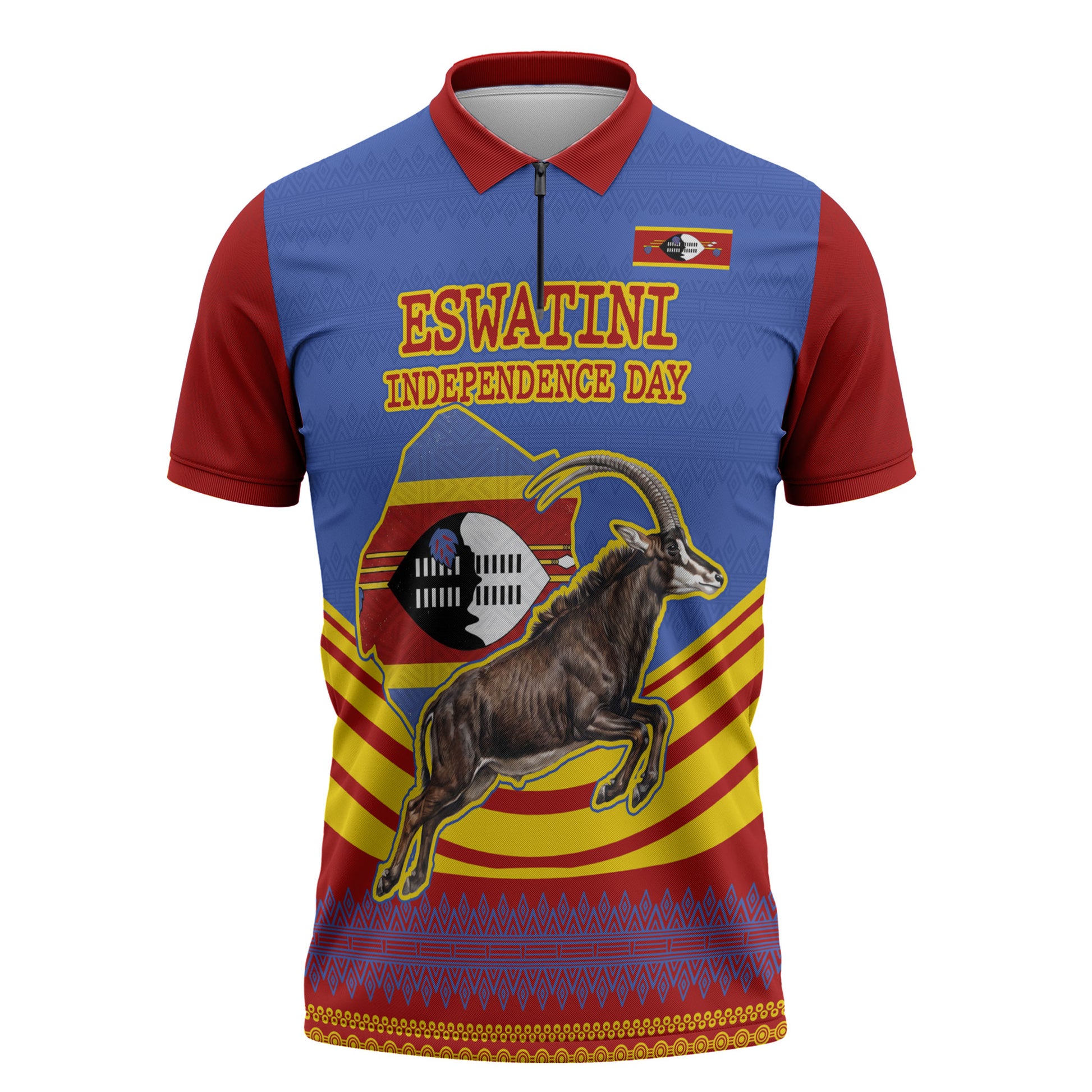 Eswatini Independence Day Zipper Polo Shirt Sable Antelope - Aloe Succulent - Flag Shield