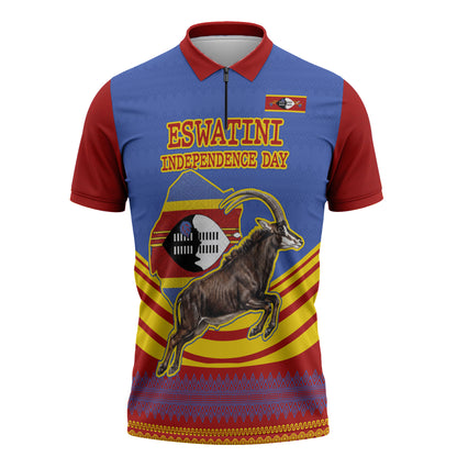 Eswatini Independence Day Zipper Polo Shirt Sable Antelope - Aloe Succulent - Flag Shield