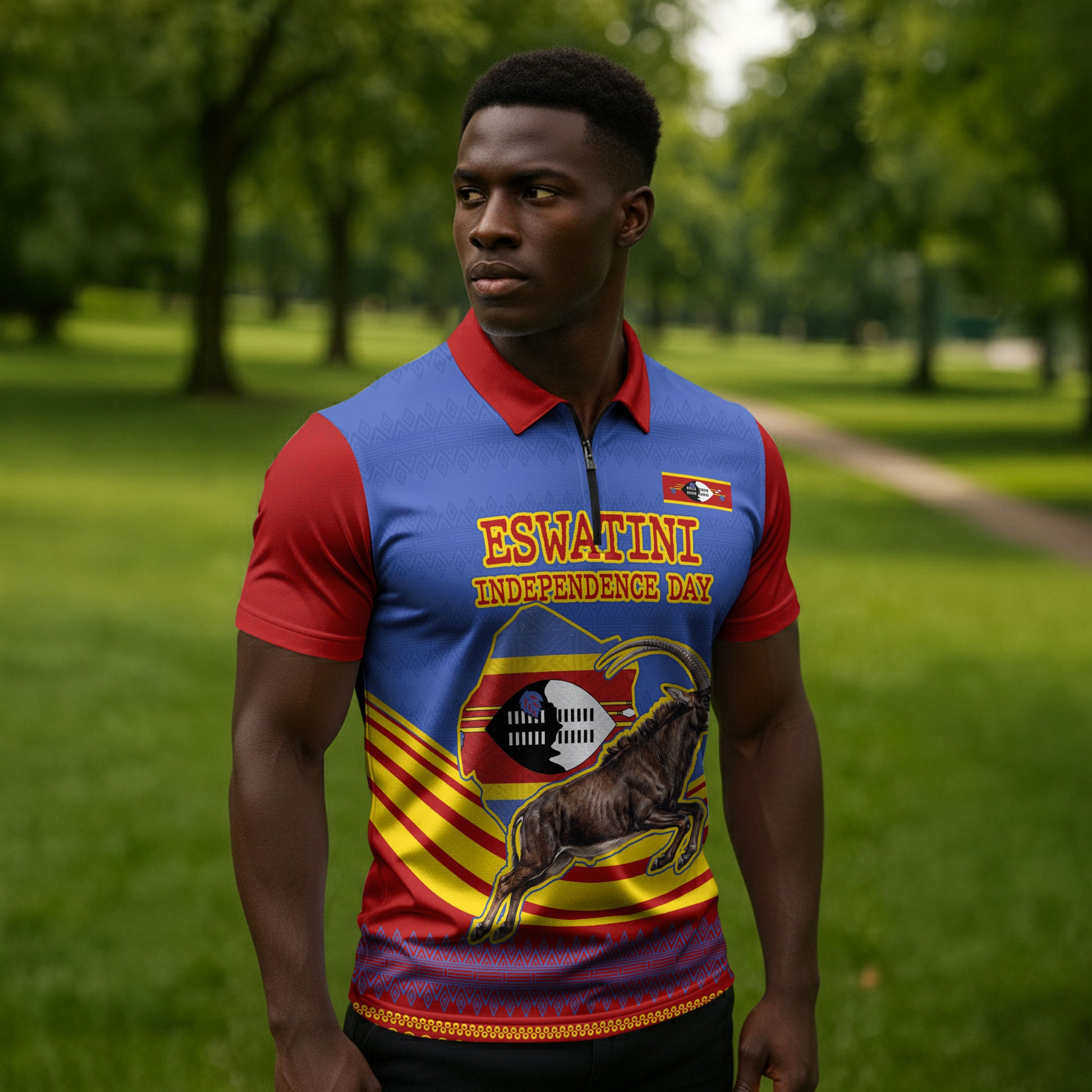 Eswatini Independence Day Zipper Polo Shirt Sable Antelope - Aloe Succulent - Flag Shield