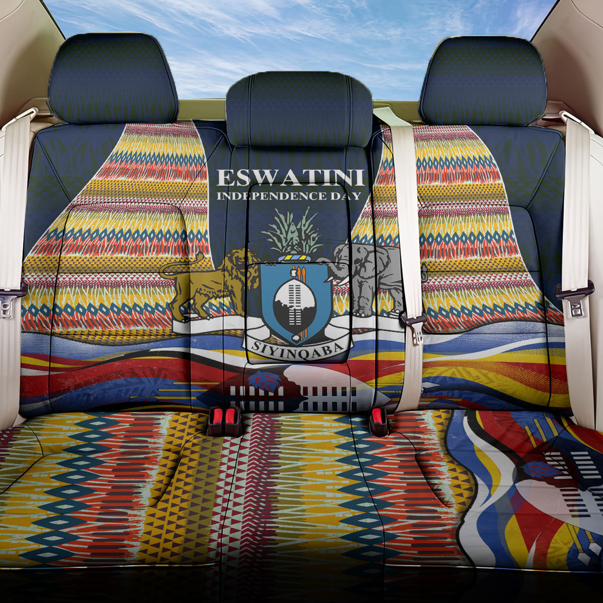 Eswatini Independence Day Back Car Seat Cover Freedom Pride - Lion Elephant - Strelitzia Flowers