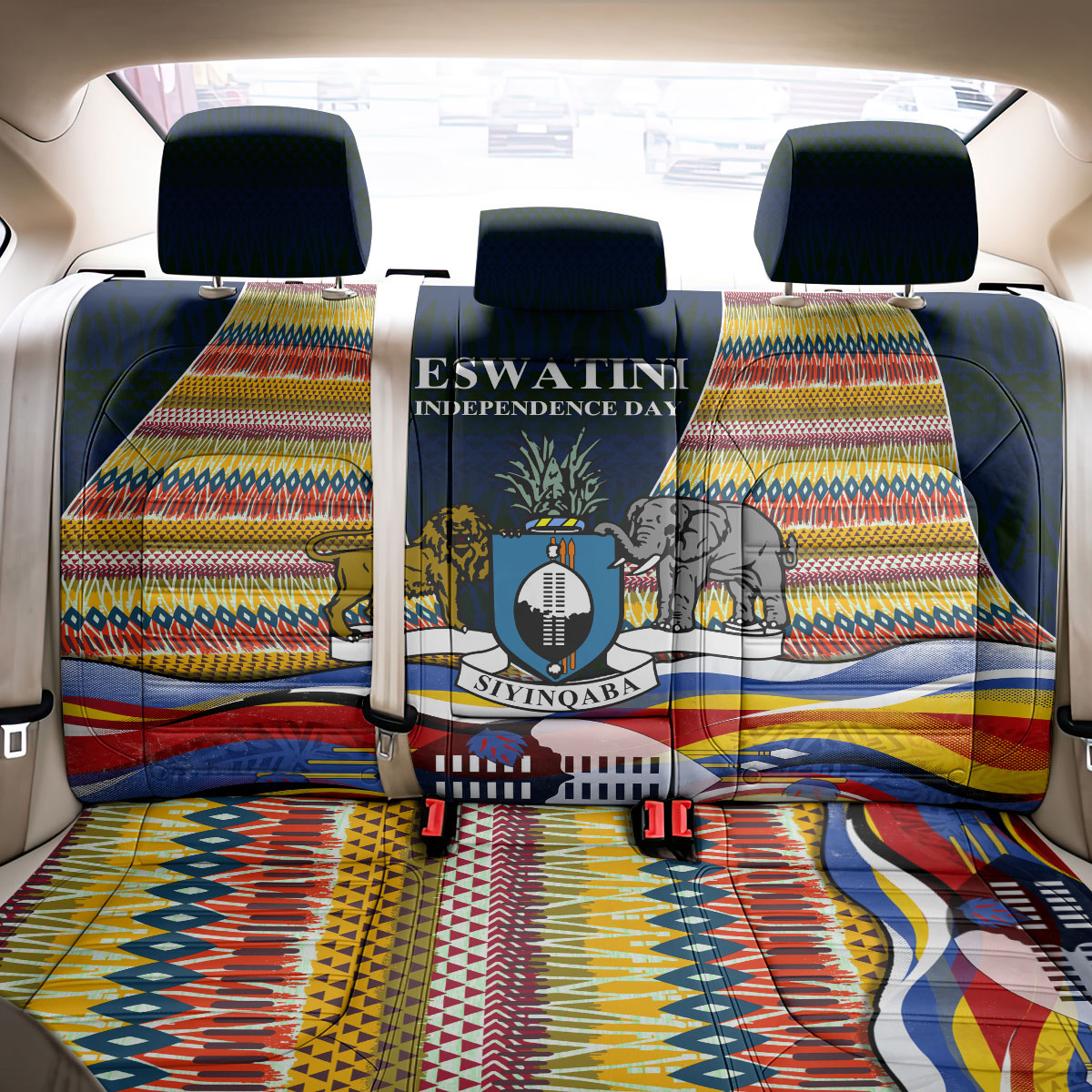 Eswatini Independence Day Back Car Seat Cover Freedom Pride - Lion Elephant - Strelitzia Flowers