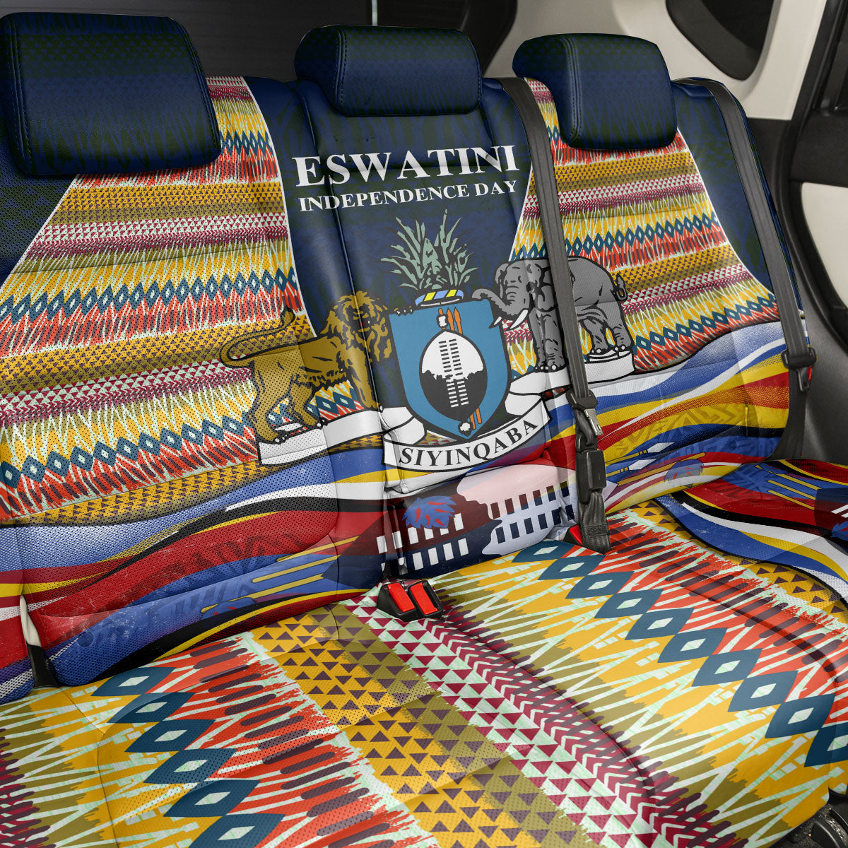 Eswatini Independence Day Back Car Seat Cover Freedom Pride - Lion Elephant - Strelitzia Flowers