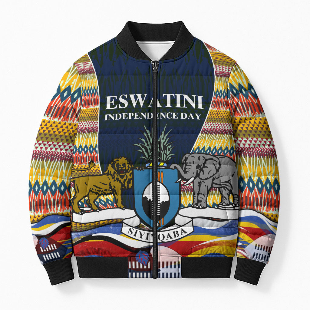 Eswatini Independence Day Bomber Puffer Jacket Freedom Pride - Lion Elephant - Strelitzia Flowers