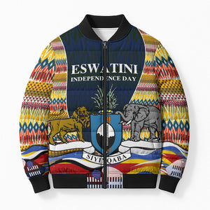 Eswatini Independence Day Bomber Puffer Jacket Freedom Pride - Lion Elephant - Strelitzia Flowers