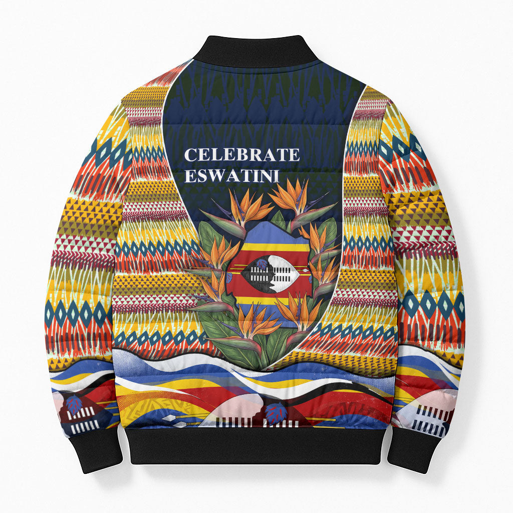 Eswatini Independence Day Bomber Puffer Jacket Freedom Pride - Lion Elephant - Strelitzia Flowers