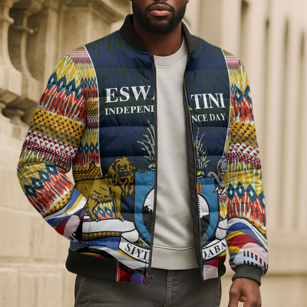 Eswatini Independence Day Bomber Puffer Jacket Freedom Pride - Lion Elephant - Strelitzia Flowers